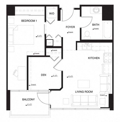 Floor plan for 1 bed, 1 bath, 712 sqft