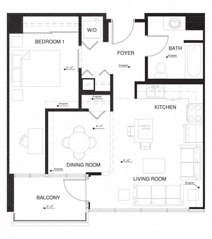 Floor plan for 1 bed, 1 bath, 712 sqft