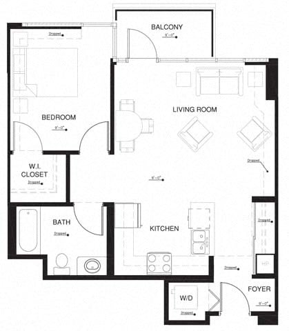 Floor plan for 1 bed, 1 bath, 714 sqft
