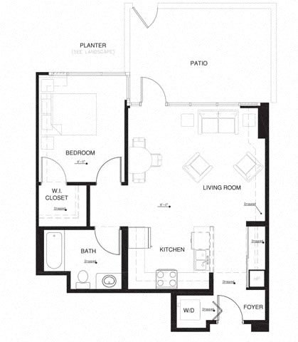 Floor plan for 1 bed, 1 bath, 714 sqft