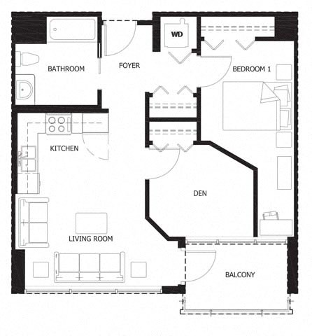 Floor plan for 1 bed, 1 bath, 718 sqft