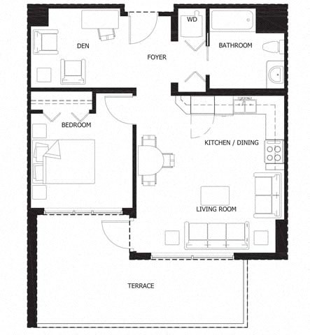 Floor plan for 1 bed, 1 bath, 725 sqft