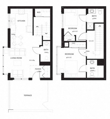 Floor plan for 2 beds, 2.5 baths, 1078 sqft