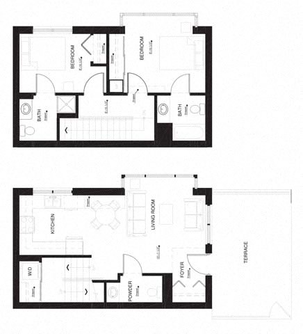 Floor plan for 2 beds, 2.5 baths, 1078 sqft