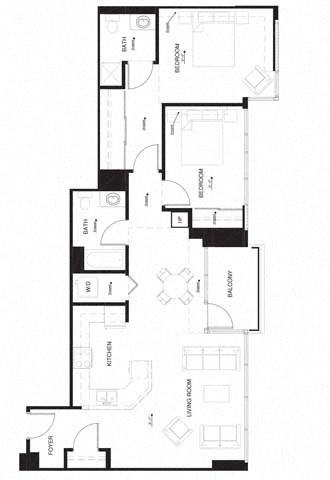 Floor plan for 2 beds, 2 baths, 1144 sqft