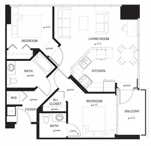 Floor plan for 2 beds, 1.5 baths, 829 sqft