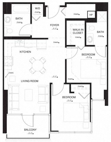 Floor plan for 2 beds, 2 baths, 881 sqft