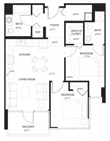 Floor plan for 2 beds, 2 baths, 882 sqft