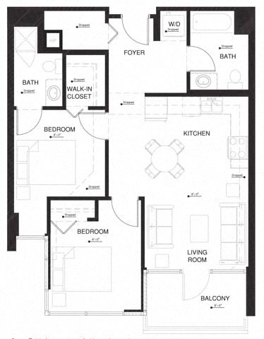 Floor plan for 2 beds, 2 baths, 882 sqft