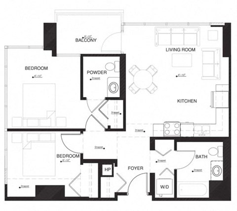 Floor plan for 2 beds, 1.5 baths, 886 sqft