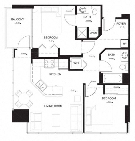 Floor plan for 2 beds, 2 baths, 908 sqft