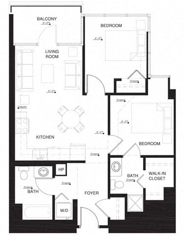 Floor plan for 2 beds, 2 baths, 917 sqft