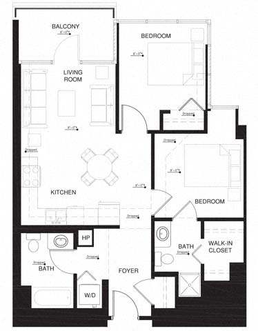 Floor plan for 2 beds, 2 baths, 917 sqft