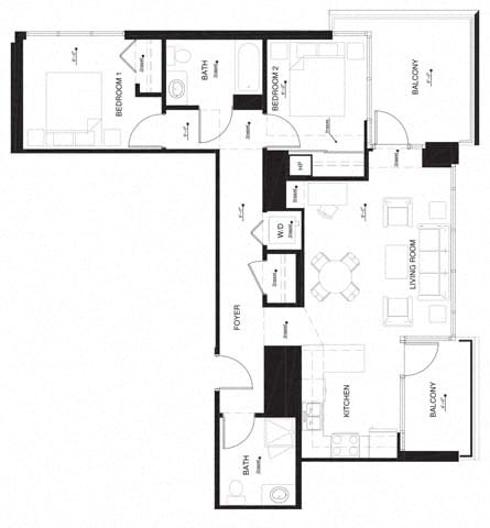 Floor plan for 2 beds, 2 baths, 926 sqft