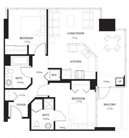 Floor plan for 2 beds, 2 baths, 951 sqft