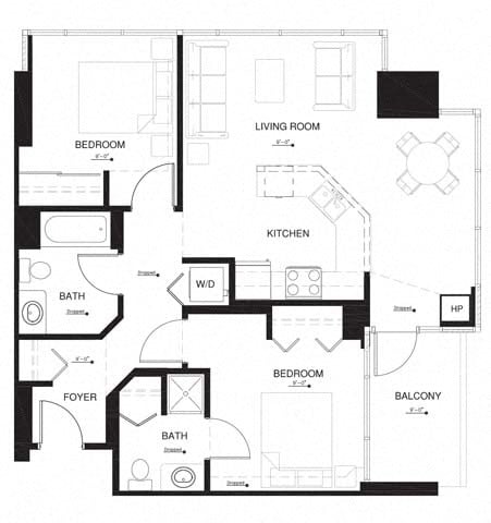 Floor plan for 2 beds, 2 baths, 951 sqft