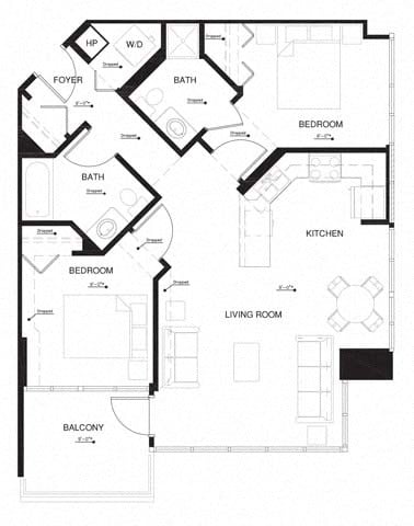 Floor plan for 2 beds, 2 baths, 953 sqft