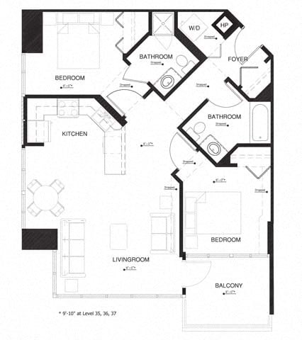 Floor plan for 2 beds, 2 baths, 953 sqft