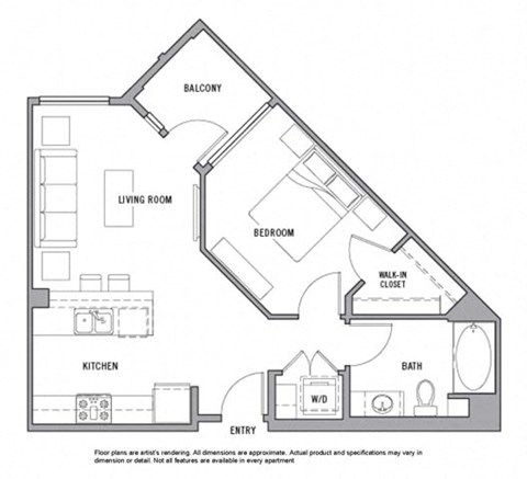 Floor plan for 1 bed, 1 bath, 707 sqft