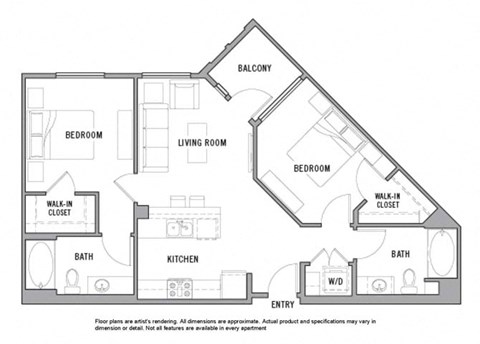 Floor plan for 2 beds, 2 baths, 982 sqft