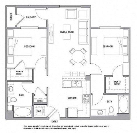 Floor plan for 2 beds, 2 baths, 1063 sqft
