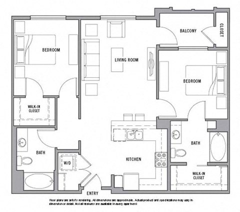 Floor plan for 2 beds, 2 baths, 1076 sqft