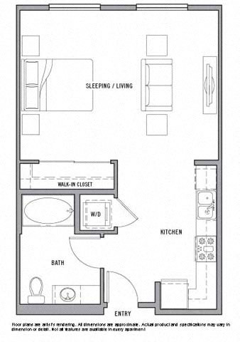 Floor plan for studio, 1 bath, 602 sqft