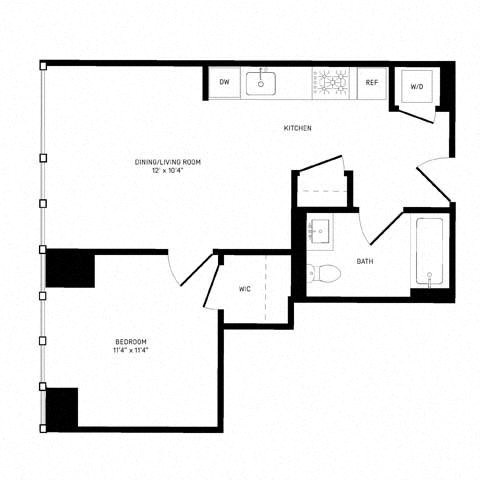 Floor plan for 1 bed, 1 bath, 537 sqft