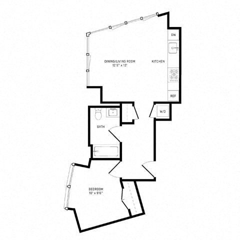 Floor plan for 1 bed, 1 bath, 601 sqft