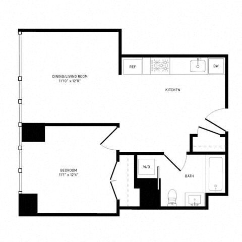 Floor plan for 1 bed, 1 bath, 606 sqft