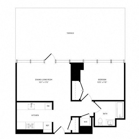 Floor plan for 1 bed, 1 bath, 626 sqft