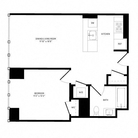 Floor plan for 1 bed, 1 bath, 647 sqft
