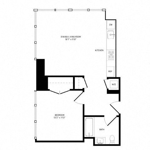 Floor plan for 1 bed, 1 bath, 669 sqft