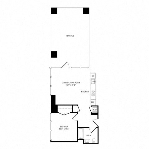 Floor plan for 1 bed, 1 bath, 669 sqft