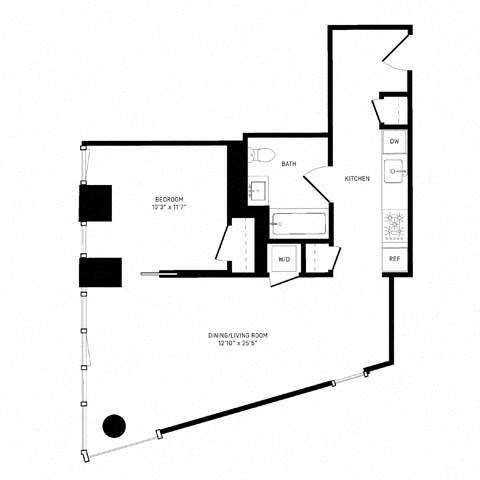 Floor plan for 1 bed, 1 bath, 681 sqft