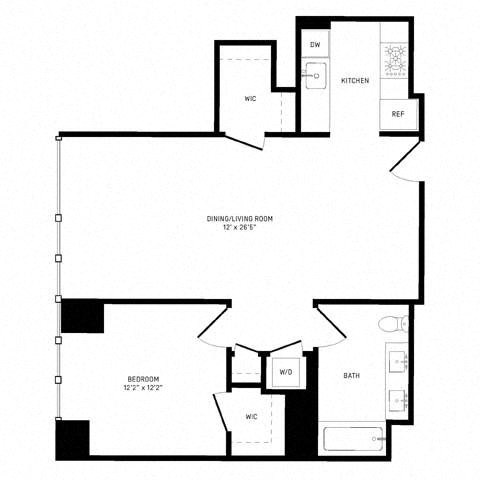 Floor plan for 1 bed, 1 bath, 769 sqft