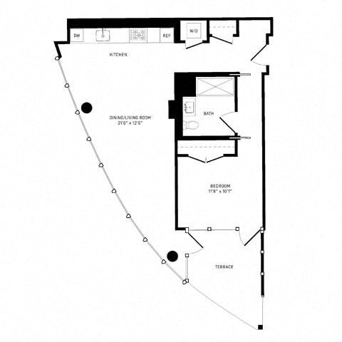 Floor plan for 1 bed, 1 bath, 783 sqft