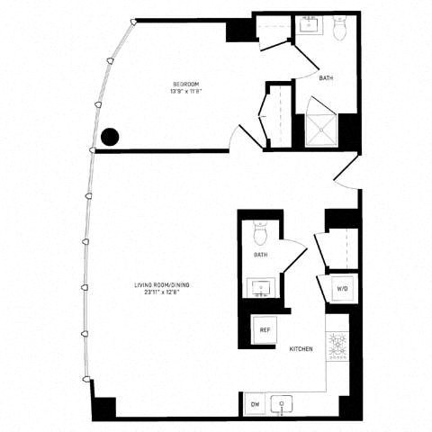 Floor plan for 1 bed, 1 bath, 862 sqft