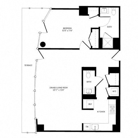 Floor plan for 1 bed, 1 bath, 862 sqft