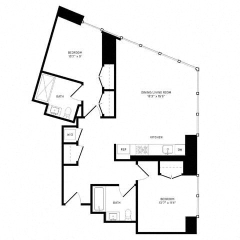 Floor plan for 2 beds, 2 baths, 1029 sqft