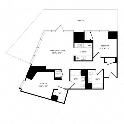Floor plan for 2 beds, 2 baths, 1044 sqft