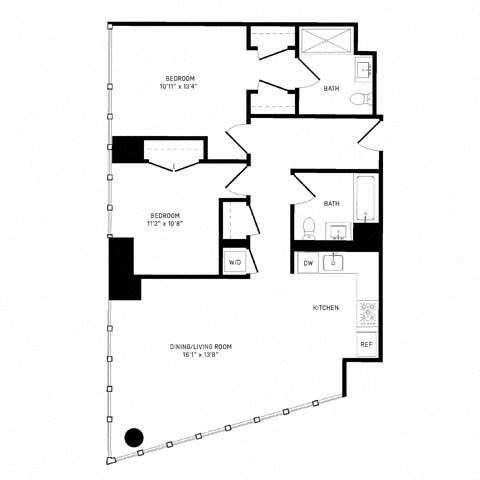 Floor plan for 2 beds, 2 baths, 1097 sqft