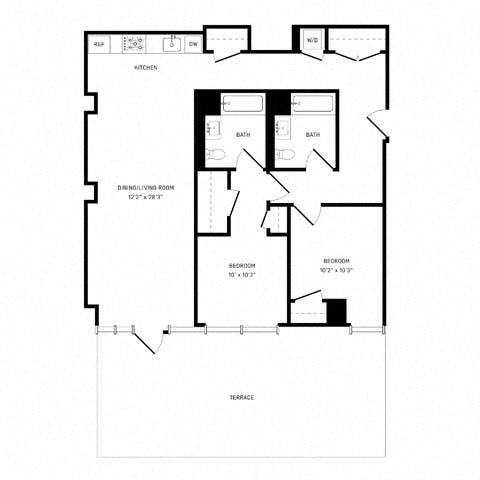 Floor plan for 2 beds, 2 baths, 1133 sqft