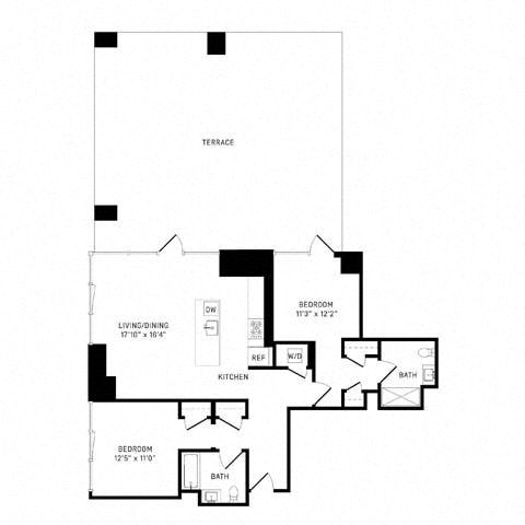 Floor plan for 2 beds, 2 baths, 1169 sqft