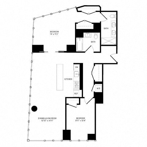 Floor plan for 2 beds, 2 baths, 1221 sqft