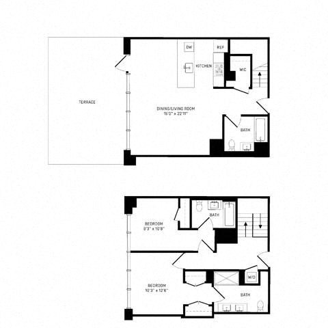 Floor plan for 2 beds, 3 baths, 1224 sqft