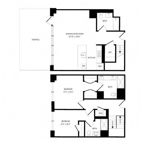 Floor plan for 2 beds, 3 baths, 1241 sqft