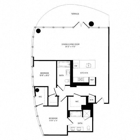 Floor plan for 2 beds, 2 baths, 1258 sqft