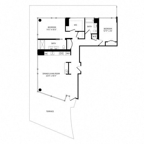 Floor plan for 2 beds, 2 baths, 1685 sqft