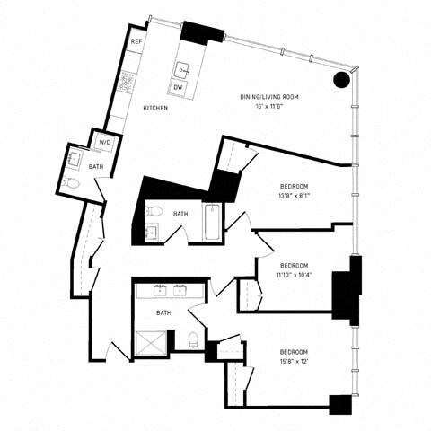 Floor plan for 3 beds, 2.5 baths, 1514 sqft